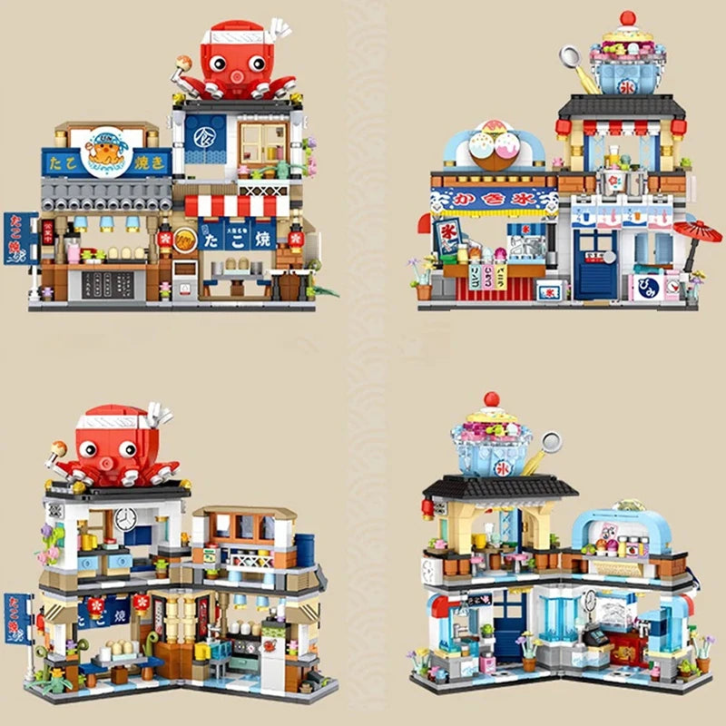 Street View Mini Building Blocks Gift Set – Izakaya Shaved Ice Shop, Takoyaki Shop, Coffee Shop and Panda Tea House