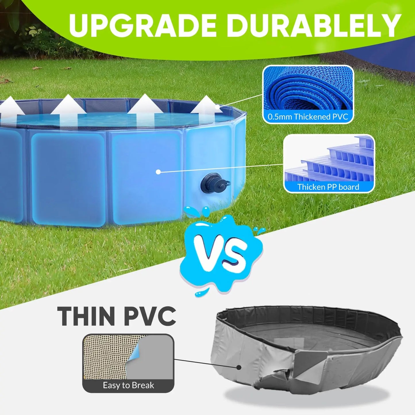 Foldable Dog Pool for Small Pets Quick Setup and Drain Hole Durable Waterproof PVC 32x8 Inches