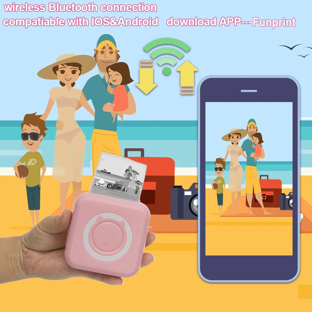 Portable Mini Thermal Printer Wirelessly BT 203dpi Photo Label Memo Printing with USB Cable