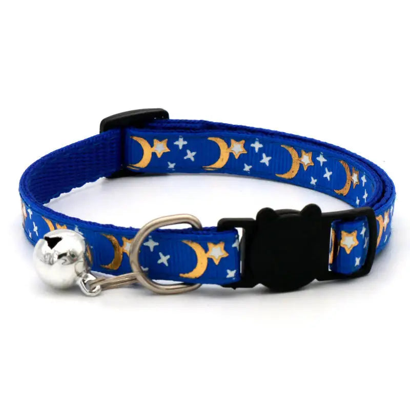 Gold Stars and Moon Cat Collar with Reflective Safety Buckle and Bell Adjustable Cats And Small Dogs Collars