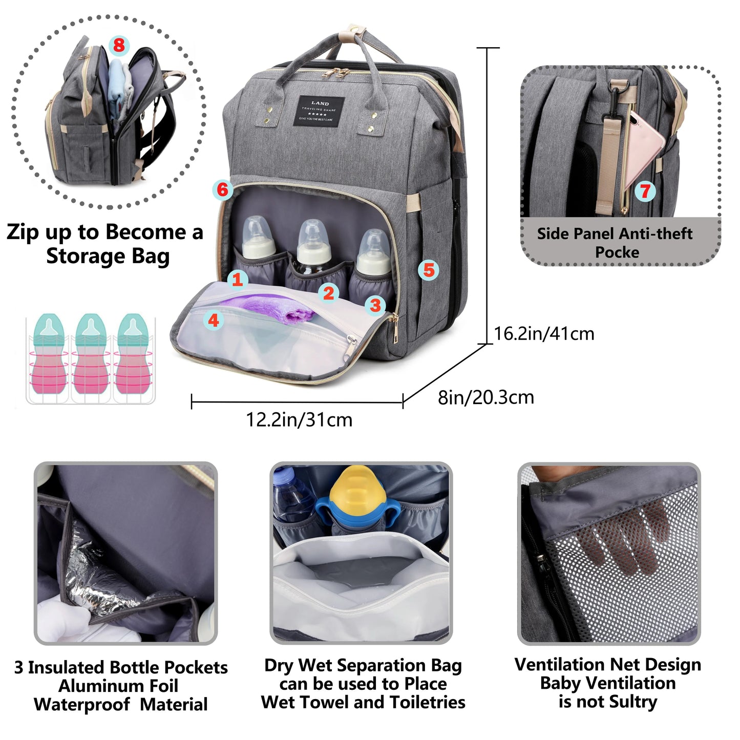 Lightweight Portable Folding Crib Mommy Bag Large Capacity Travel Diaper Backpack for Moms