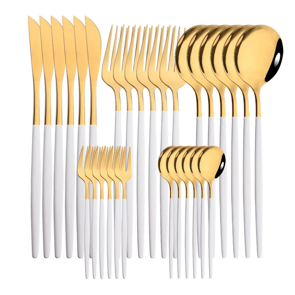 30 Piece Black and Gold Stainless Steel Cutlery Set Durable Dinnerware with Knives Forks and Spoons