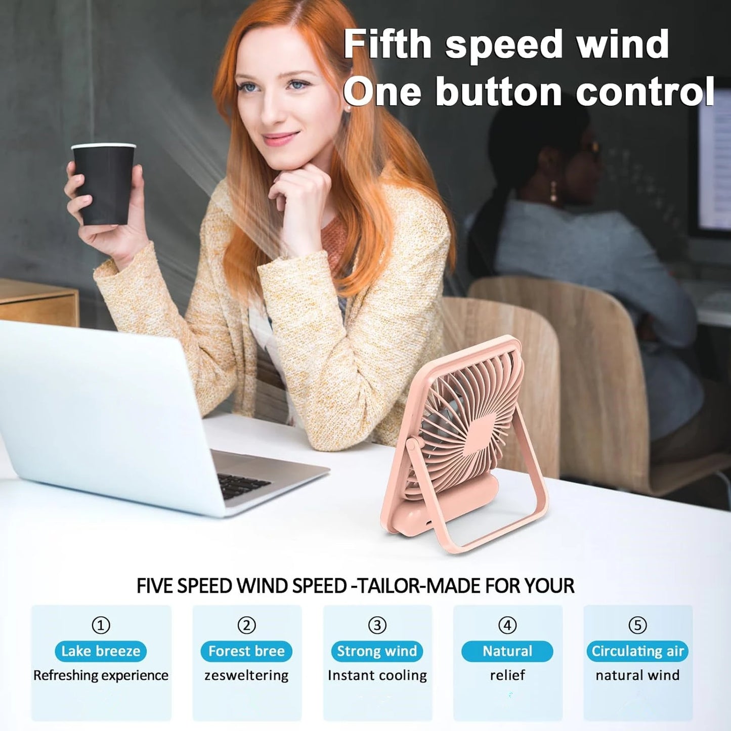 Portable USB Rechargeable Desk Fan With 180º Tilt And 5 Speeds