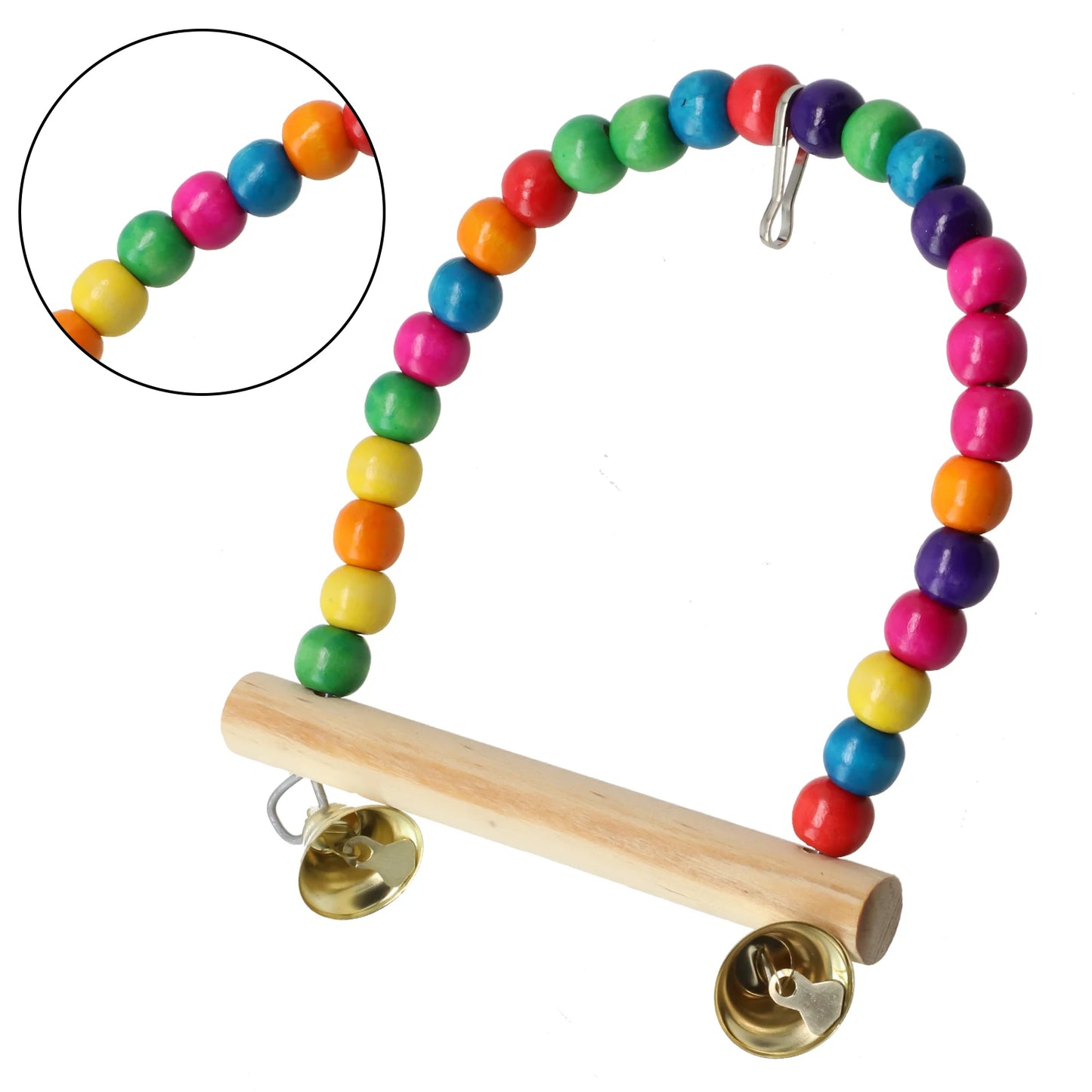 Natural Wooden Parrots Swing Tool Birds Perch Hanging Swings Cage With Colorful Beads Bells Hanging Cage Swings Bird Accessories