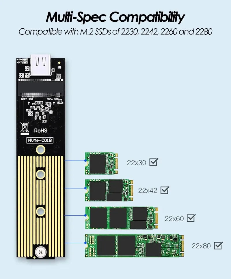 M.2 NVME PCIe NGFF SATA Dual Protocol SSD Case Clear USB Type C 10Gbps External Enclosure