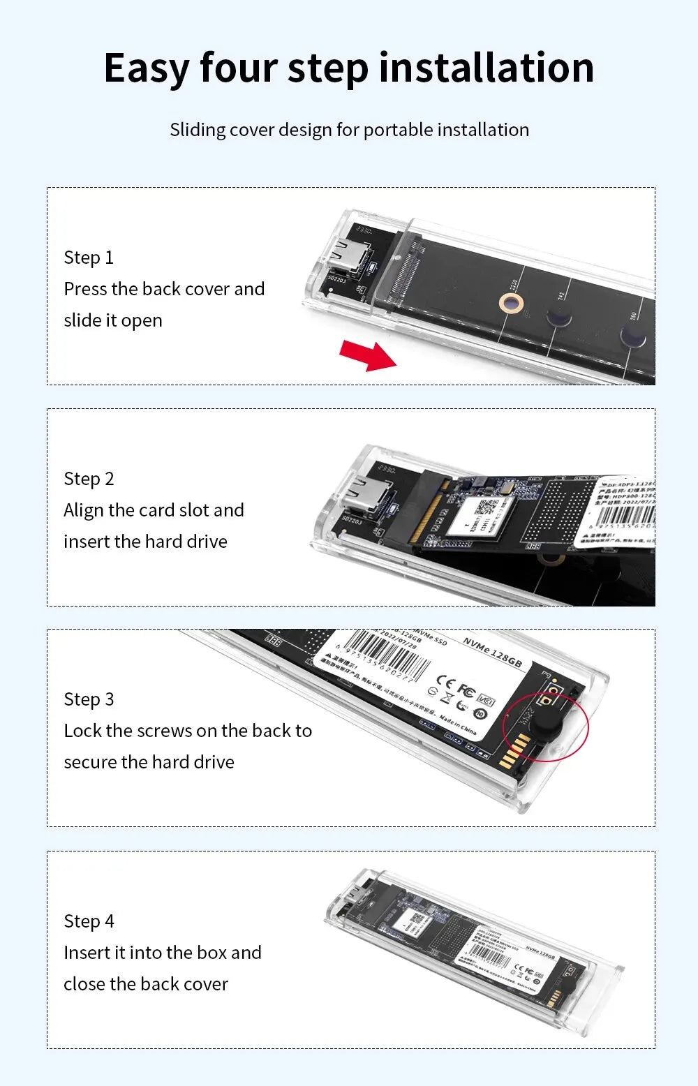 M.2 NVME PCIe NGFF SATA Dual Protocol SSD Case Clear USB Type C 10Gbps External Enclosure