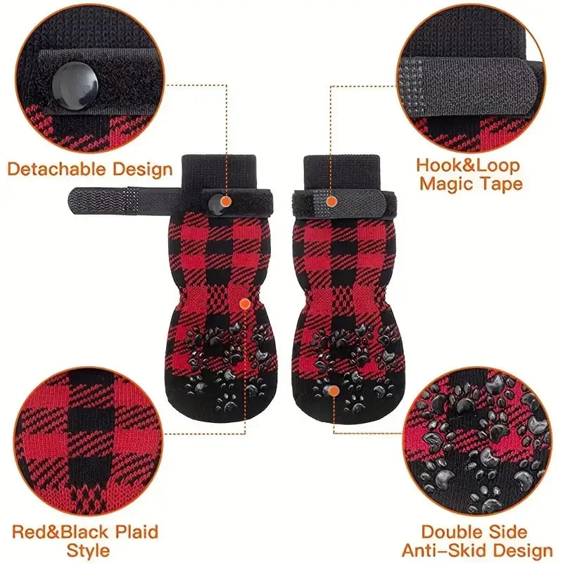 4Pcs/set Anti-Slip Dog Socks 4pcs Paw Protector Traction Control Adjustable Indoor Wear Knitted with Rubber Reinforcement