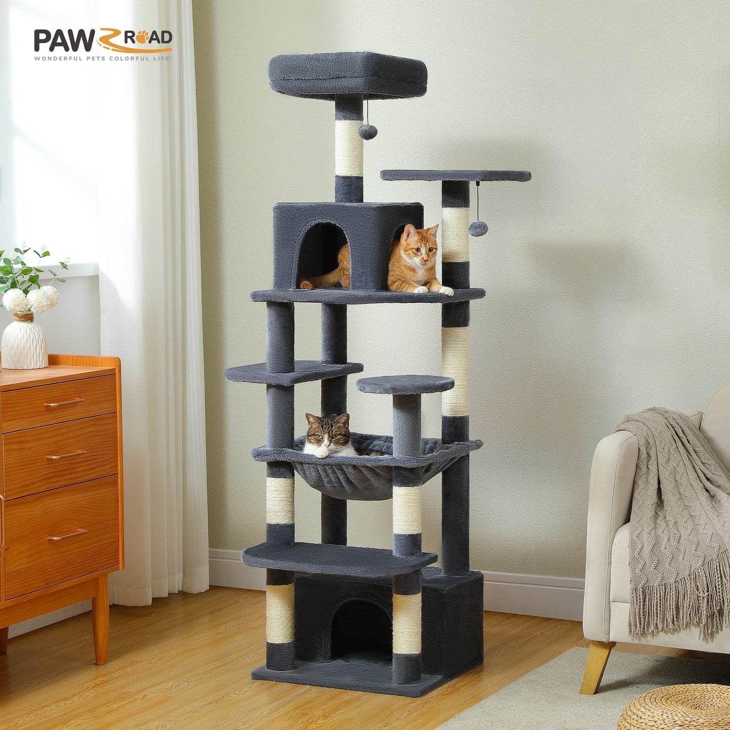 184cm Large Cat Tree and Tower for Indoor Cats With Scratching Posts and Spacious Hammocks