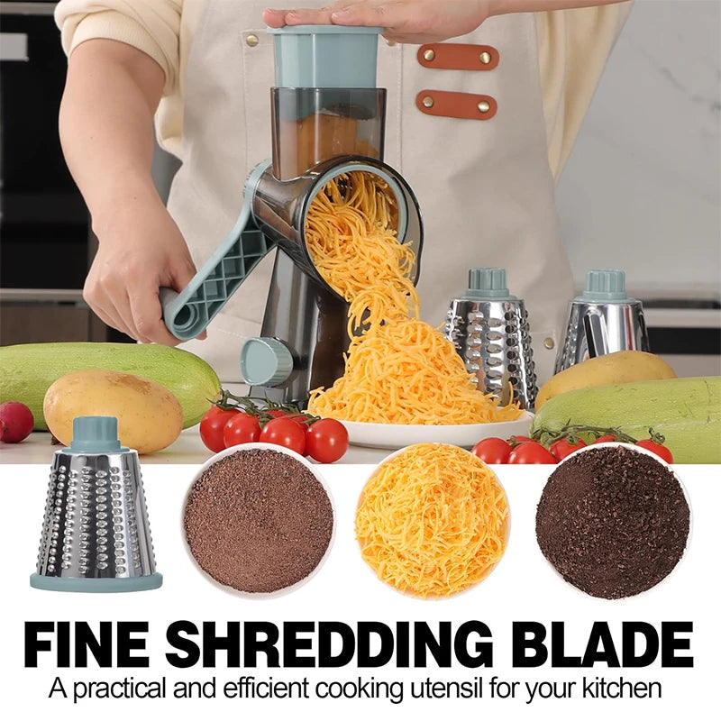 3 in 1 Manual Rotary Cheese Grater and Vegetable Slicer for Nut Grinding and Cheese Shredding