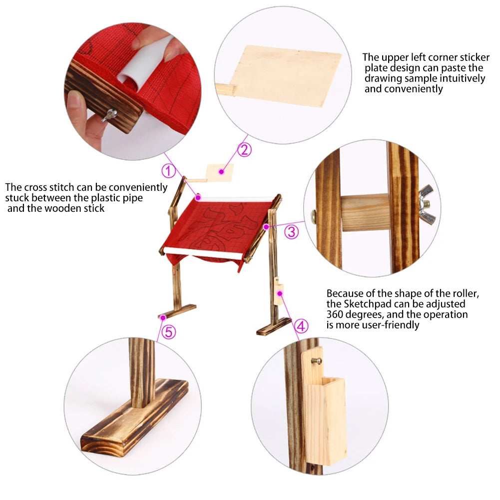 Adjustable Solid Wood Cross Stitch Frame Floor Stand for DIY Embroidery and Needlework