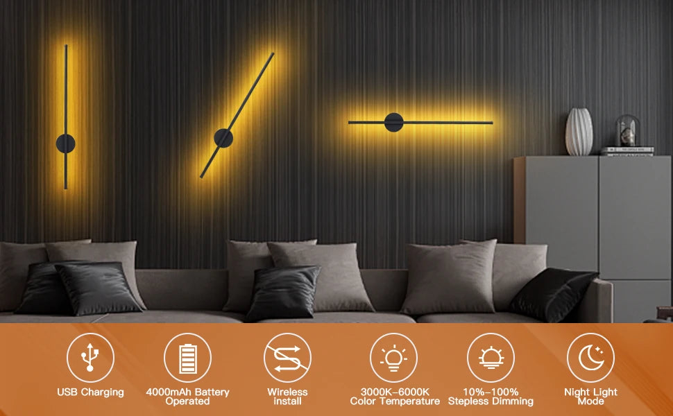 Rechargeable Wireless LED Wall Sconce Modern 50cm 80cm Bedside Night Lamp with Remote Control for Bedroom