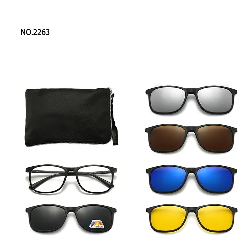 6 In 1 Spectacle Frame Men Women with Clip On Polarized Sunglasses
