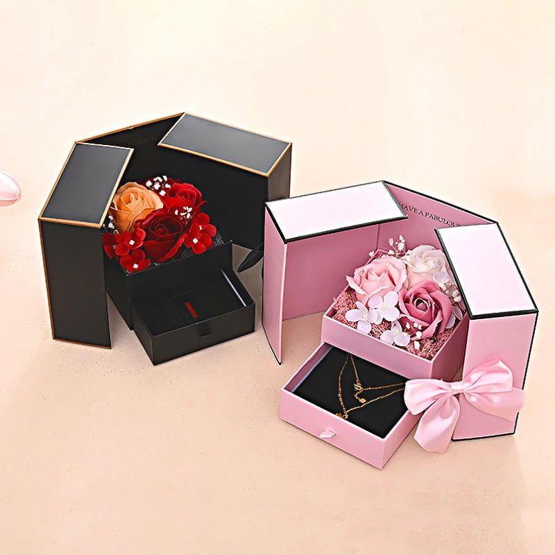 Rose Jewelry Gift Box Bow Luxury Double Door Drawer Packaging for Girlfriend Mom Romantic Flower