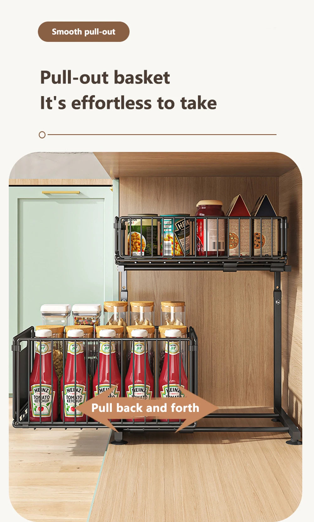 2 Tier Pull Out Cabinet Organizer Adjustable Kitchen Storage Rack