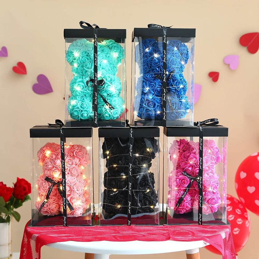 25cm Artificial Rose Teddy Bear Gift Box for Romantic Occasions Valentine's Day Anniversary Wedding Party Supplies