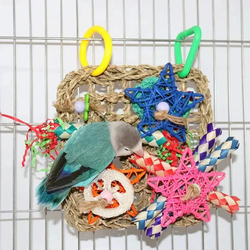Parrot Bird Toys Foraging Wall Edible Seagrass Woven Climbing net Mat with Colorful Chewing Toys for Parakeet Bird Hanging Cage