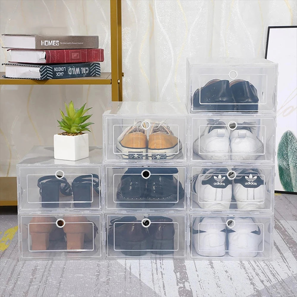 6 Pack Transparent Shoe Box Organizers Dustproof Stackable Cabinet