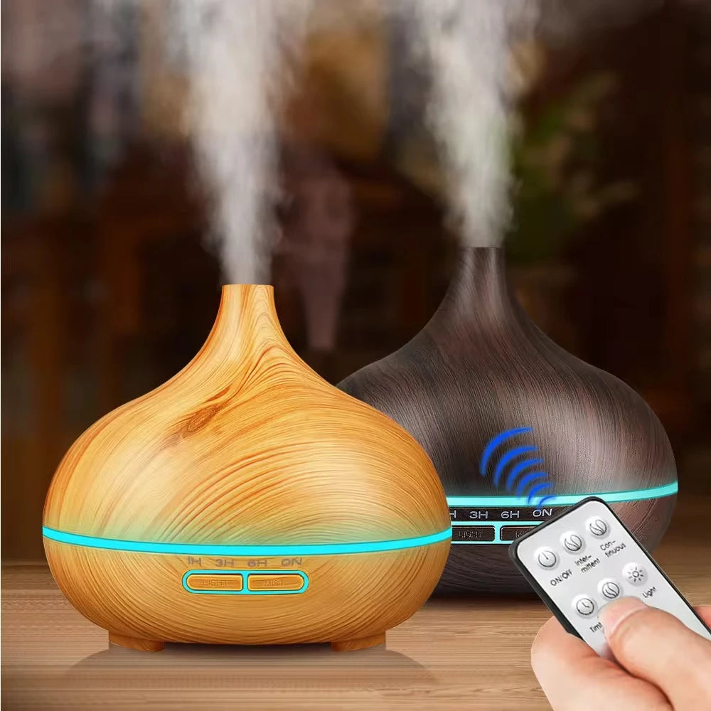 Air Humidifier Aromatherapy Essential Oil Diffuser 500ml Wood Grain Ultrasonic Remote Control 7 Color Lights