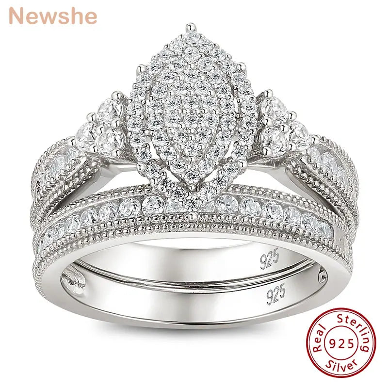 Newshe Halo AAAAA CZ Marquise Cluster Vintage Wedding Ring Set 925 Sterling Silver