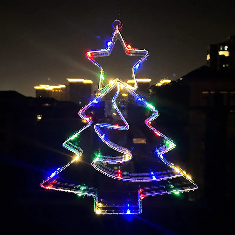 Xmas Tree Iron Frame LED Light String Window Hanging Ornament for 2024 Christmas and 2025 New Year Home Decoration
