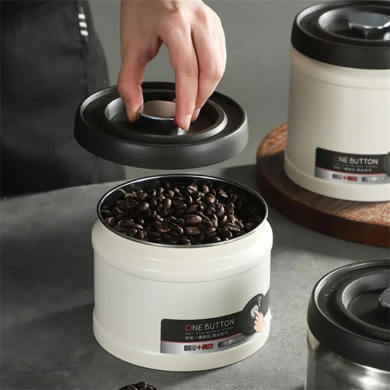 Coffee Bean Vacuum Sealed Canister 304 Stainless Steel Press Type Storage for Grains Tea and Nuts Kitchen Crisper Box