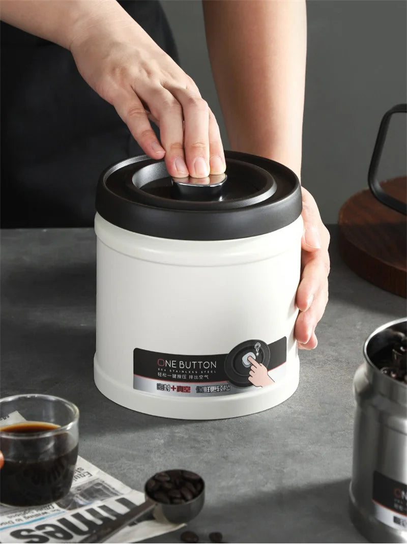 Coffee Bean Vacuum Sealed Canister 304 Stainless Steel Press Type Storage for Grains Tea and Nuts Kitchen Crisper Box