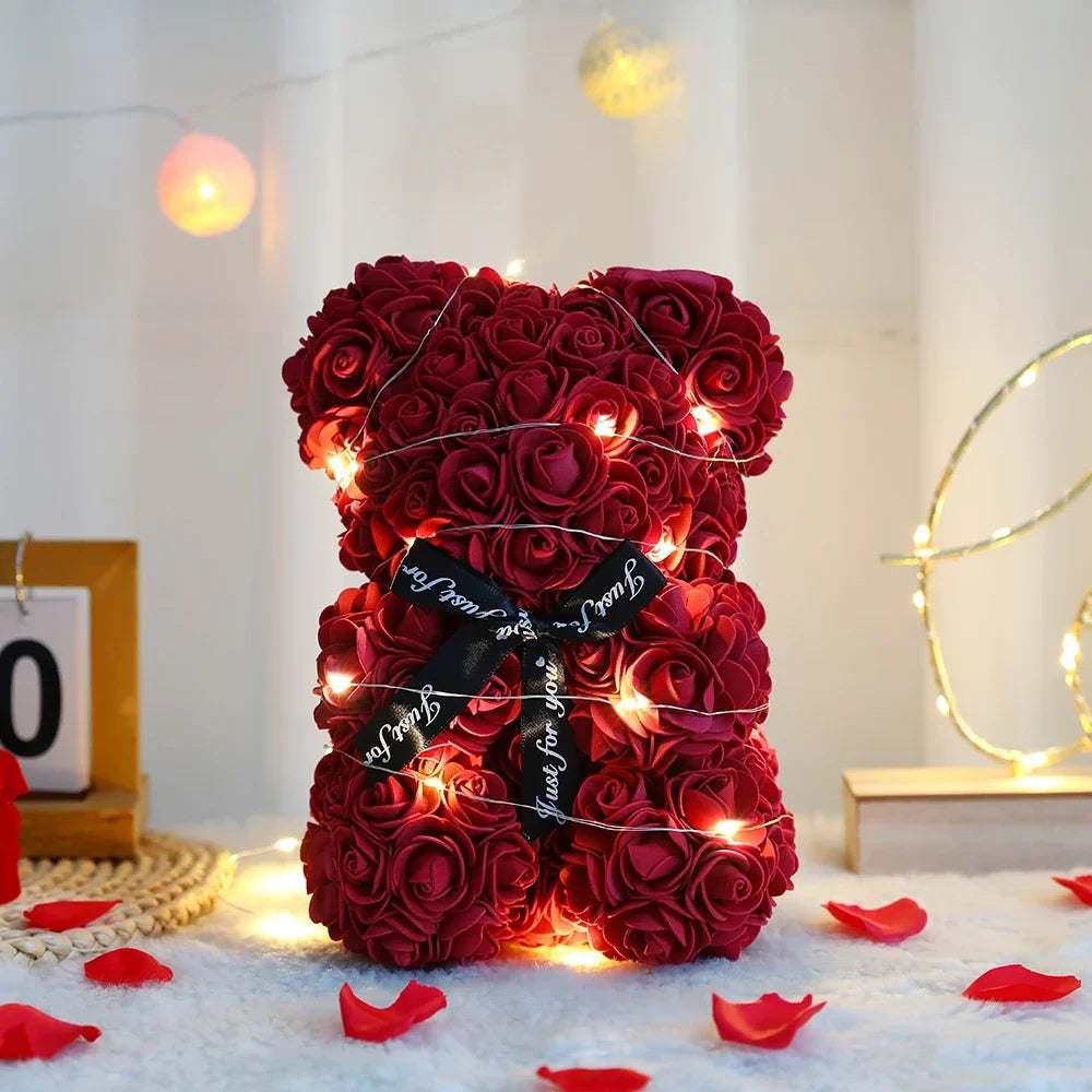 25cm Artificial Rose Teddy Bear Gift Box for Romantic Occasions Valentine's Day Anniversary Wedding Party Supplies