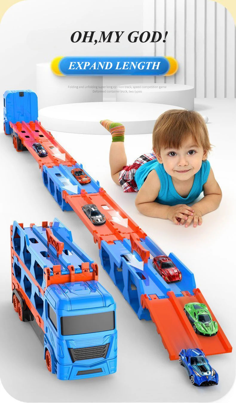 Large Car Transporter Truck with Folding Track and Racing Vehicles for Kids - Competitive Games and Storage Alloy Car Toy - Perfect Gift for Boys