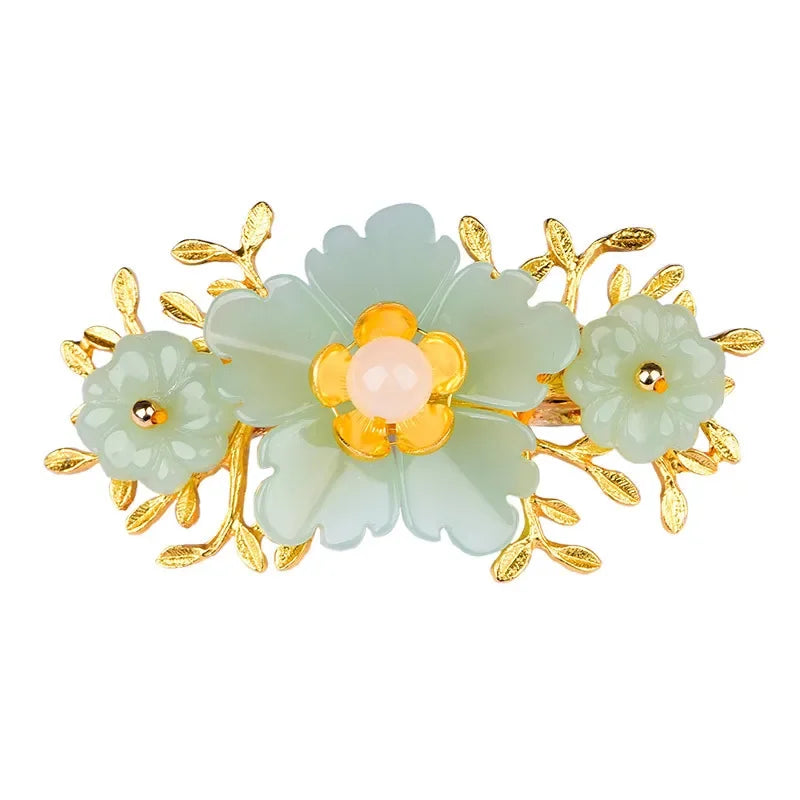 Green Jade Flower Barrette Hairpin 18K Gold Vintage Clip