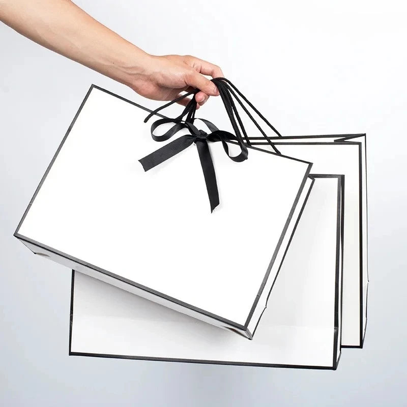 White Paper Gift Boxes with Black Border 1-50 Pieces Portable Tote Bags with Bow Ribbon for Dinner Party Supplies