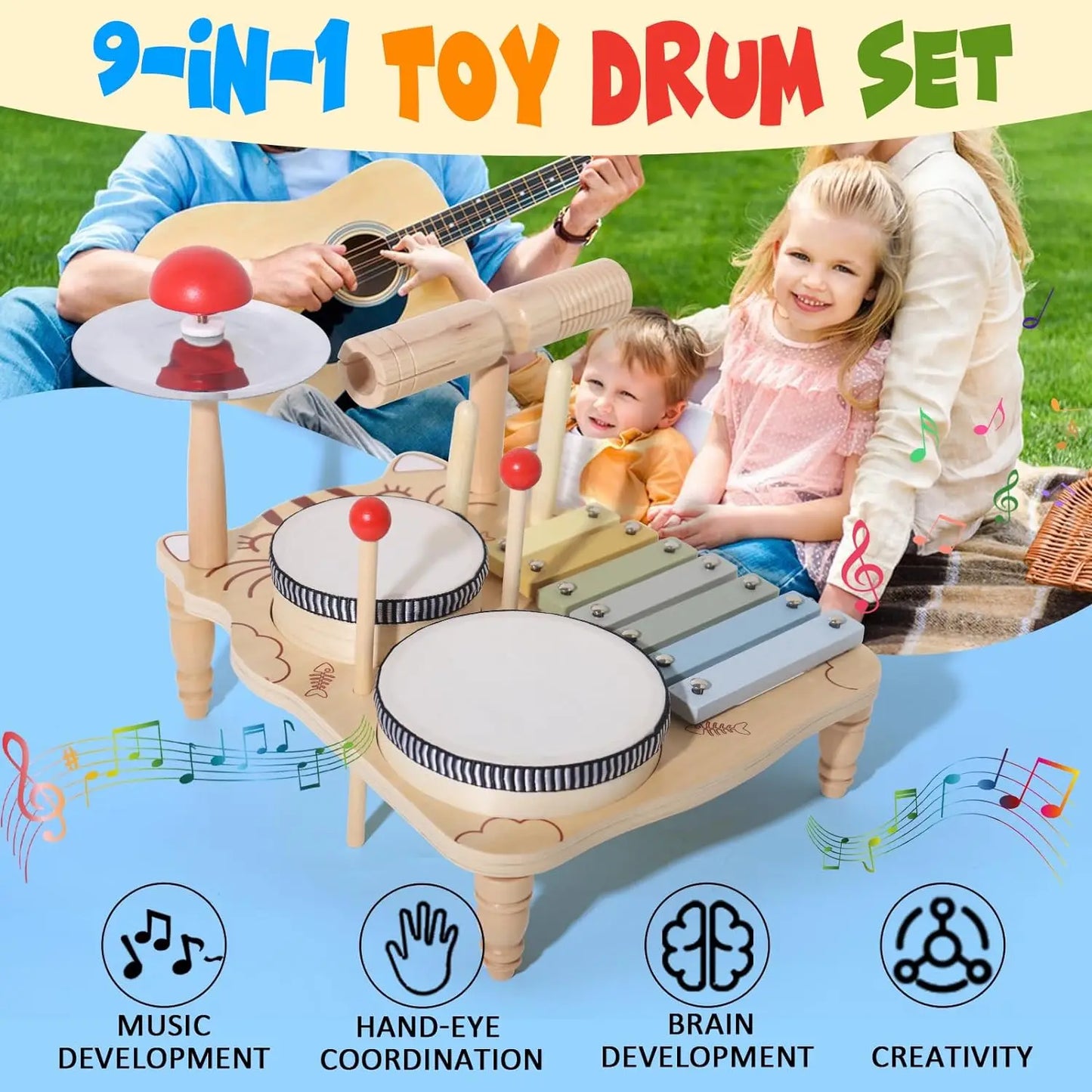 Wooden Xylophone Drum Set for Toddlers Montessori Musical Instruments Colorful Educational Toy