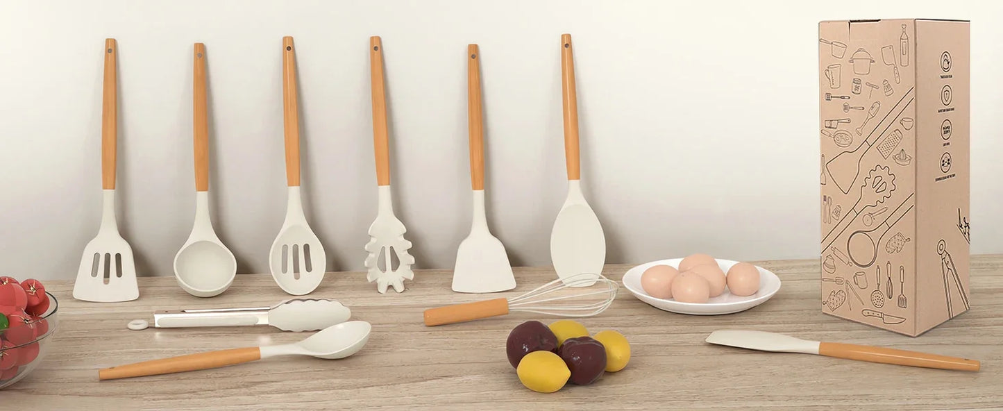 Silicone Kitchen Utensil Set 12 Pieces Food Grade Cooking Tools Turner Spatula Measuring Spoon Eco-Friendly Cookware