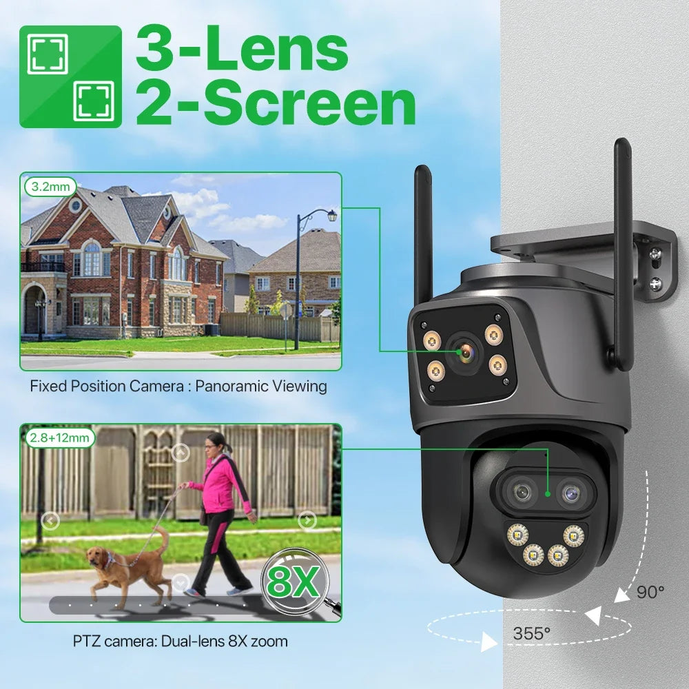 6K 9MP HD Outdoor IP Camera with Three Lenses Dual Screen WiFi PTZ Auto Tracking Security Surveillance System