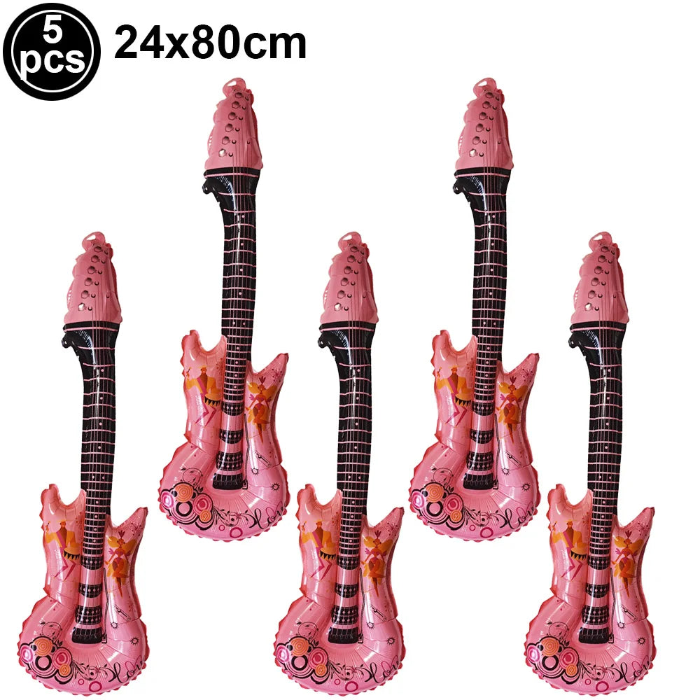 5 Piece PVC Musical Instrument Inflatable Balloon Set with Guitar and Microphone for Kids Birthday and Retro Party Decorations