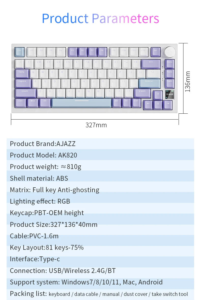 AJAZZ AK820/AK820Pro Mechanical Keyboard with TFT Screen and Multifunctional Knob