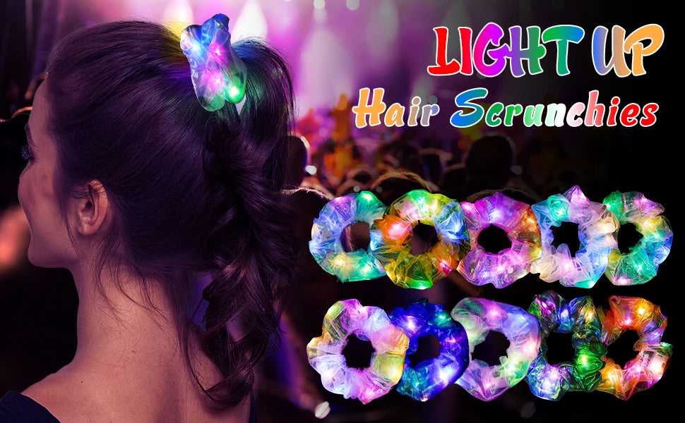 10 Pack LED Glow Hair Scrunchies Light Up Elastic Hairbands for Neon Parties and Celebrations