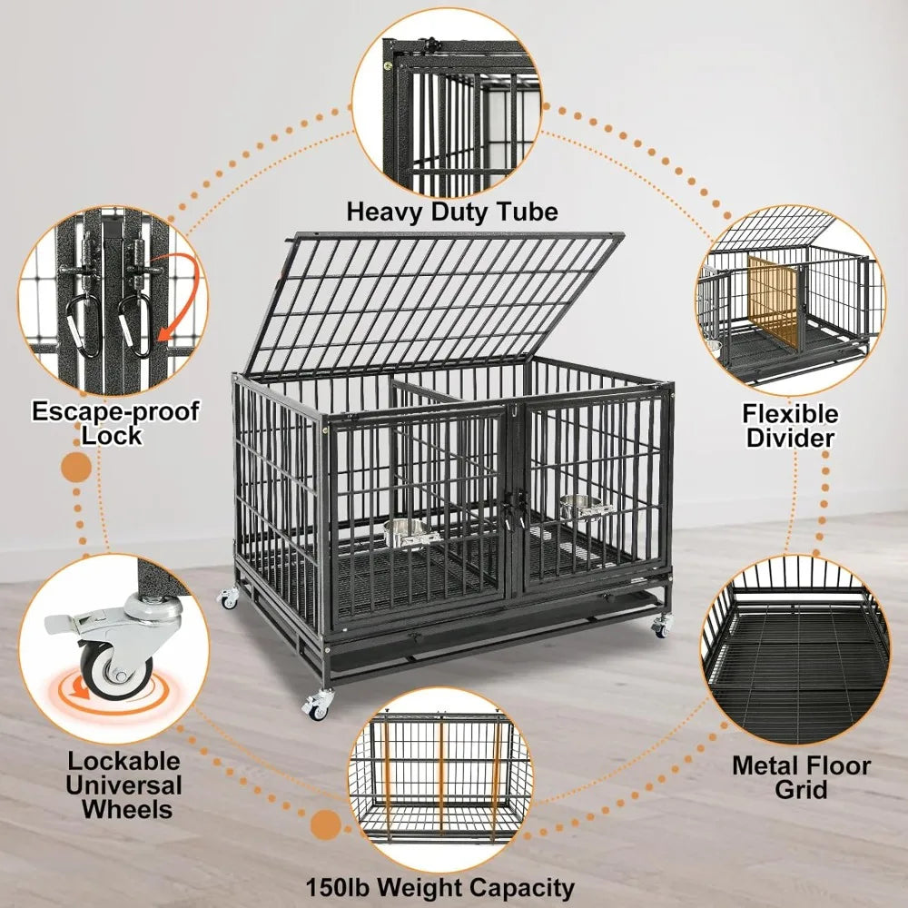 Three Tiers 43 inch Heavy Duty Dog Crate with Wheels, Stackable Indestructible Steel Dog Cage Kennel Indoor with Divider, Trays
