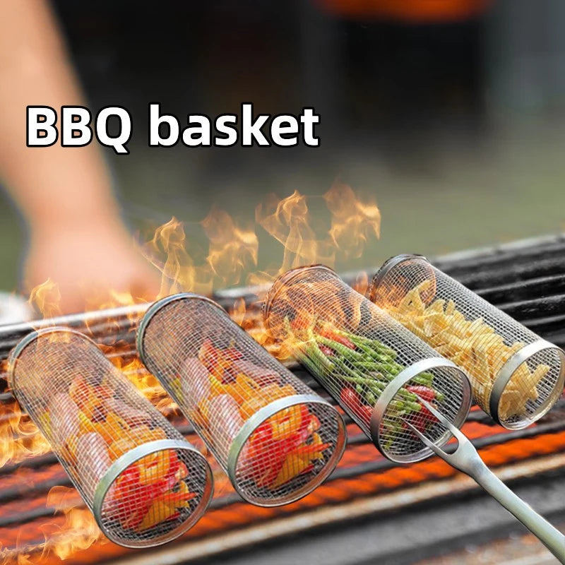 Rolling Grilling BBQ Basket Stainless Steel Leak proof Mesh Barbecue Rack Outdoor Picnic Camping Simple Cylindrical BBQ Grill