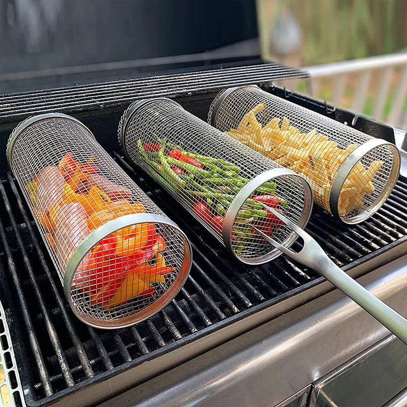 Rolling Grilling BBQ Basket Stainless Steel Leak proof Mesh Barbecue Rack Outdoor Picnic Camping Simple Cylindrical BBQ Grill