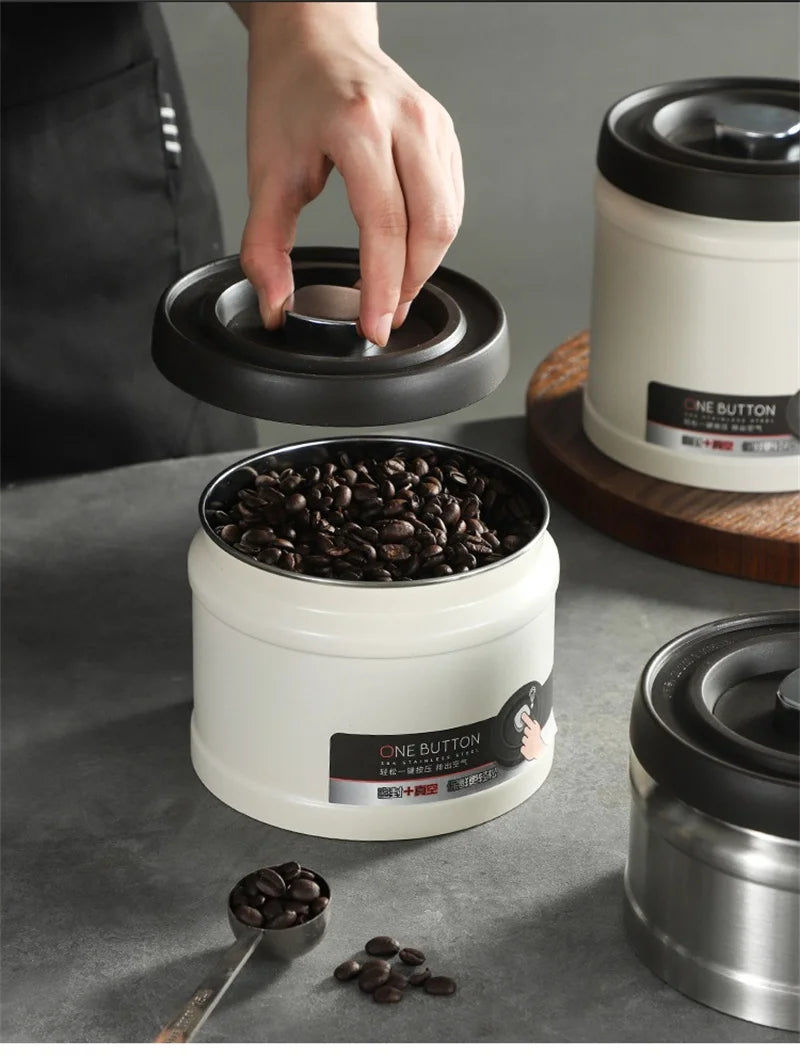 Coffee Bean Vacuum Sealed Canister 304 Stainless Steel Press Type Storage for Grains Tea and Nuts Kitchen Crisper Box