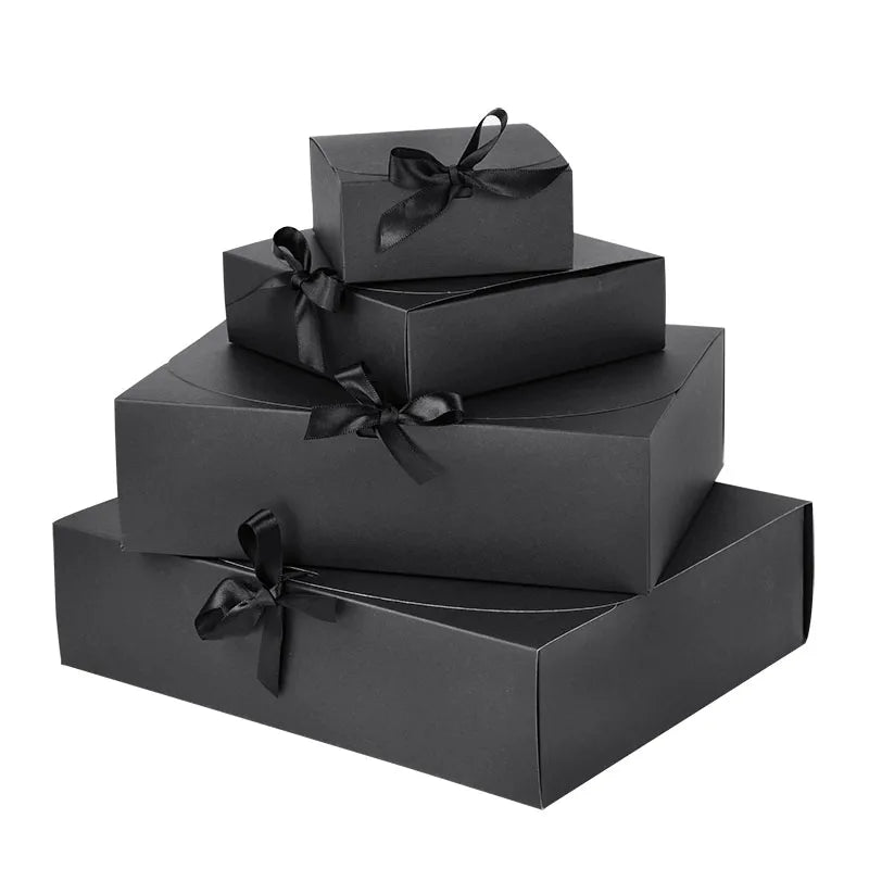5 Piece Black and White Kraft Paper DIY Gift Box Set with Bow Ribbon for Weddings and Parties