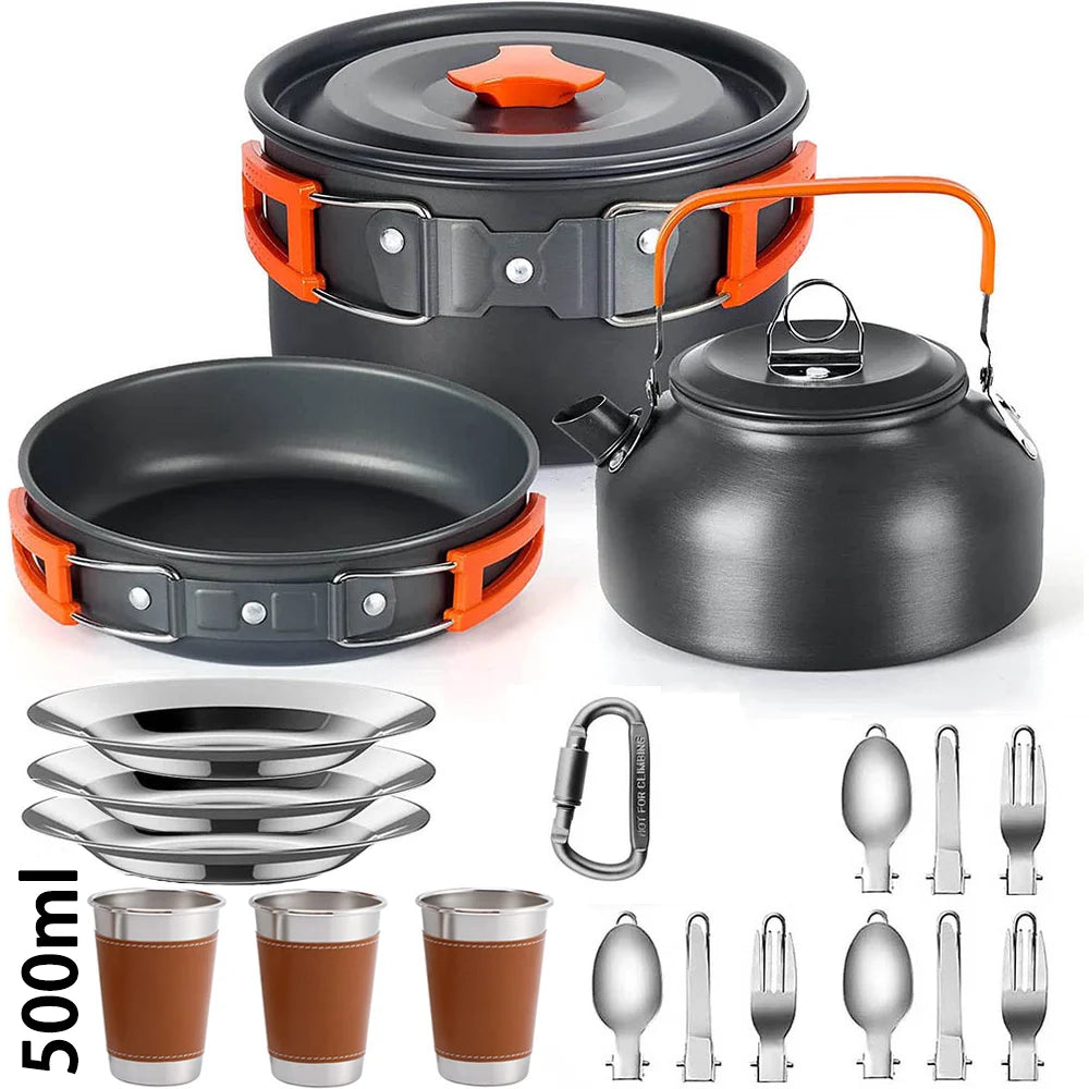 Camping Cookware Set for 2 to 3 People with Non-Stick Pots and Teapot Kit