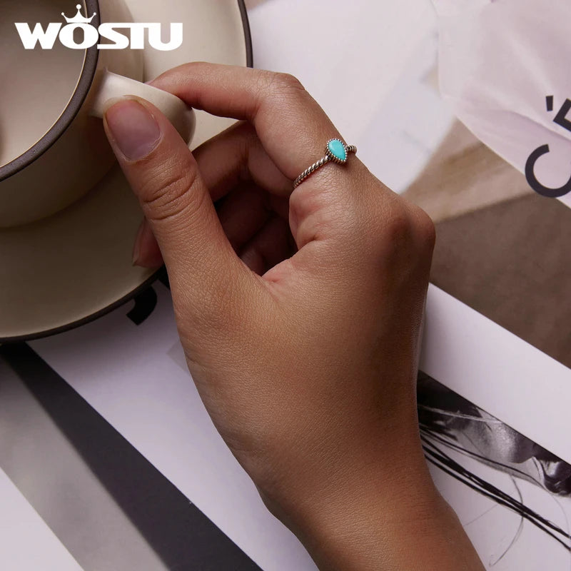 WOSTU 925 Sterling Silver Turquoise Waterdrop Ring for Women