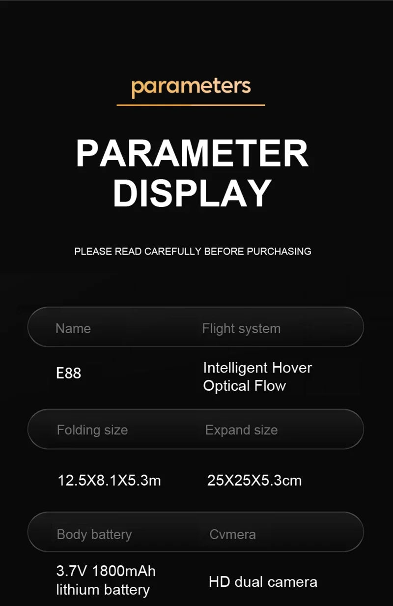 Professional Mini Remote Control Drone E88 4K HD Camera Wifi FPV Folding Quadcopter Gift for Kids