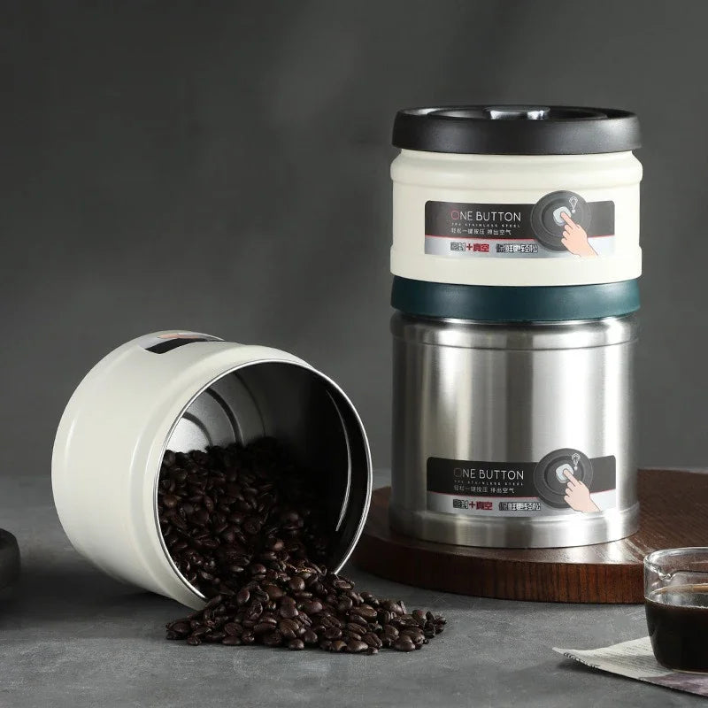 Coffee Bean Vacuum Sealed Canister 304 Stainless Steel Press Type Storage for Grains Tea and Nuts Kitchen Crisper Box