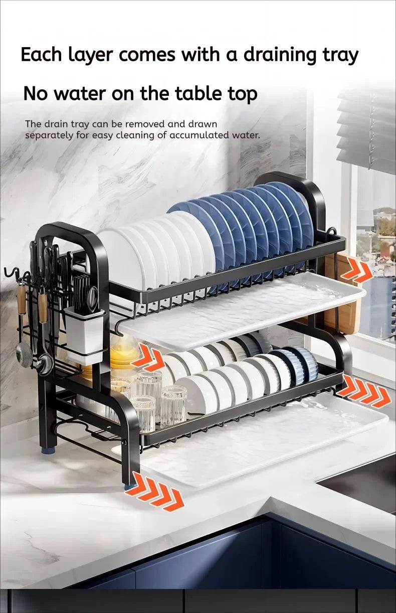 3-Tier Compact Dish Drying Rack with Drainboard Large Rust-Proof Metal Kitchen Storage Solution