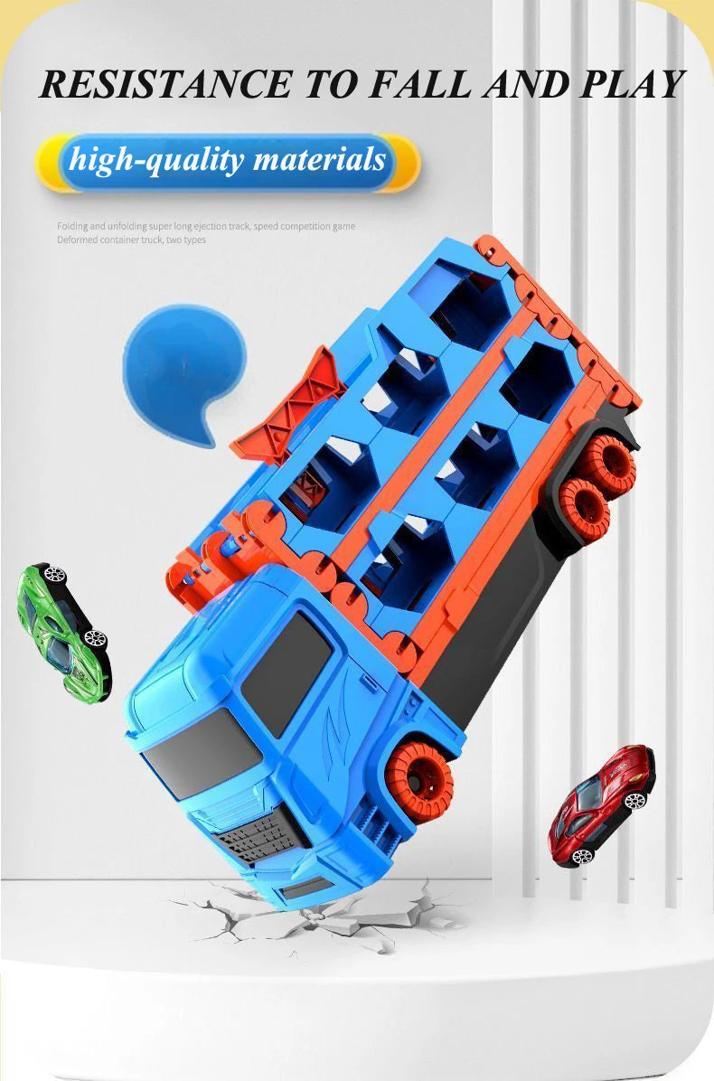 Large Car Transporter Truck with Folding Track and Racing Vehicles for Kids - Competitive Games and Storage Alloy Car Toy - Perfect Gift for Boys