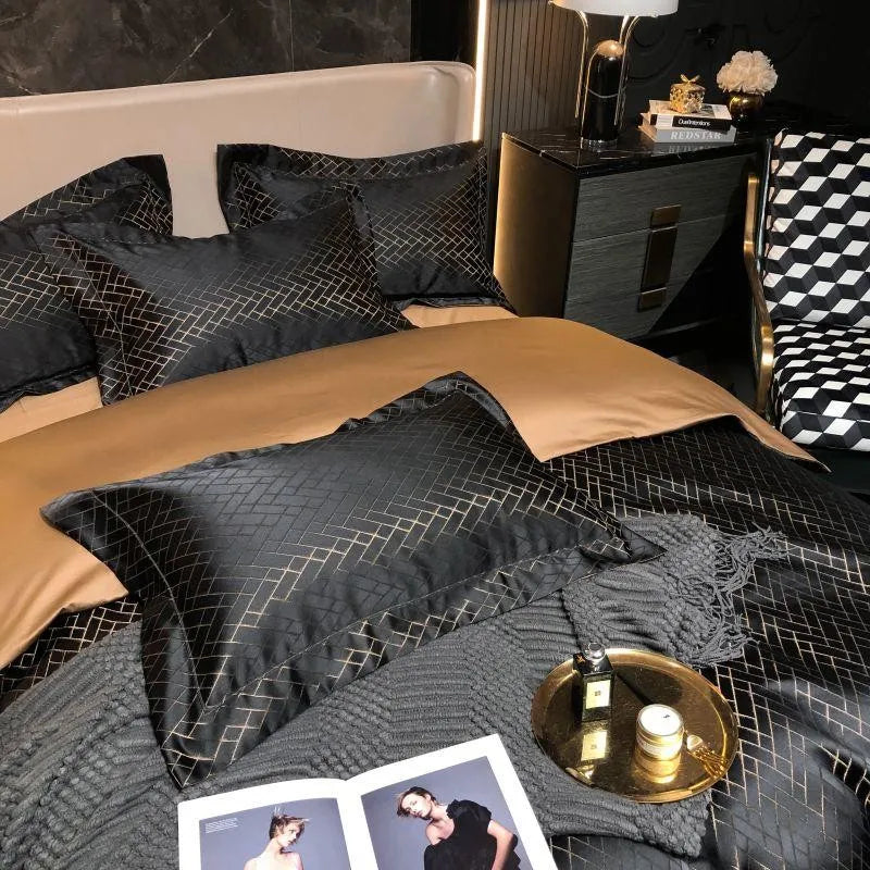 4/6Pcs Luxury Black Gold Jacquard Egyptian Cotton Duvet Set
