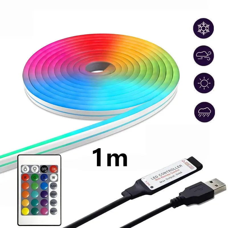 Smart Neon LED Strip Light Sign Remote Control RGB Flexible Waterproof Tape for Home Outdoor Decor 1/3/5m