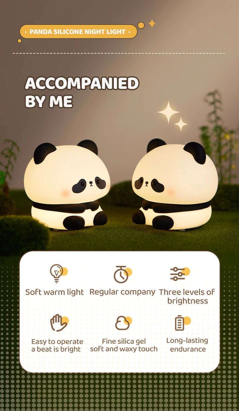 Panda LED Night Light Cute Silicone Touch Lamp USB Rechargeable Bedroom Decor Perfect Children's Gift